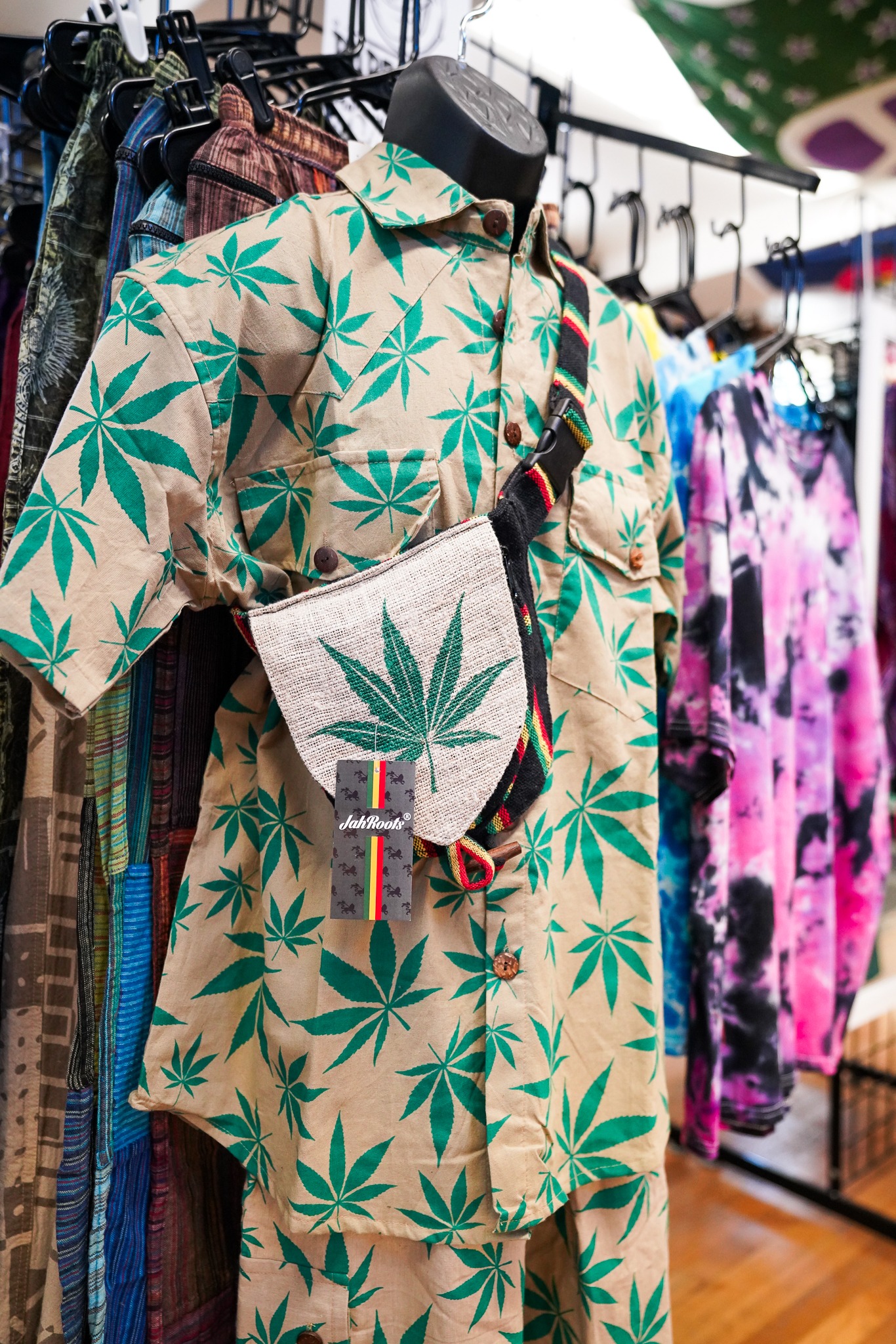Pot Leaf Clothing Pot Leaf Button up Shirt and matching shorts and pot leaf shoulder strap bag